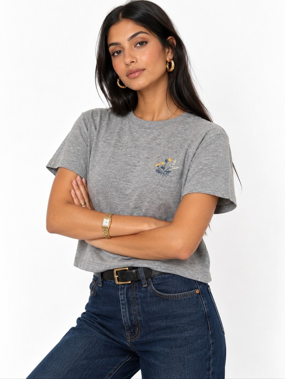 AG Adriano Goldschmied Gray Floral Embroidered Crop T-Shirt Women’s Medium